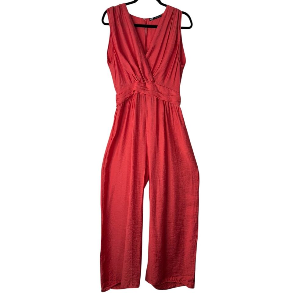 Zara Jumpsuit Womens Size Large Red Wide Leg Sleeveless V-Neck Keyhole Back